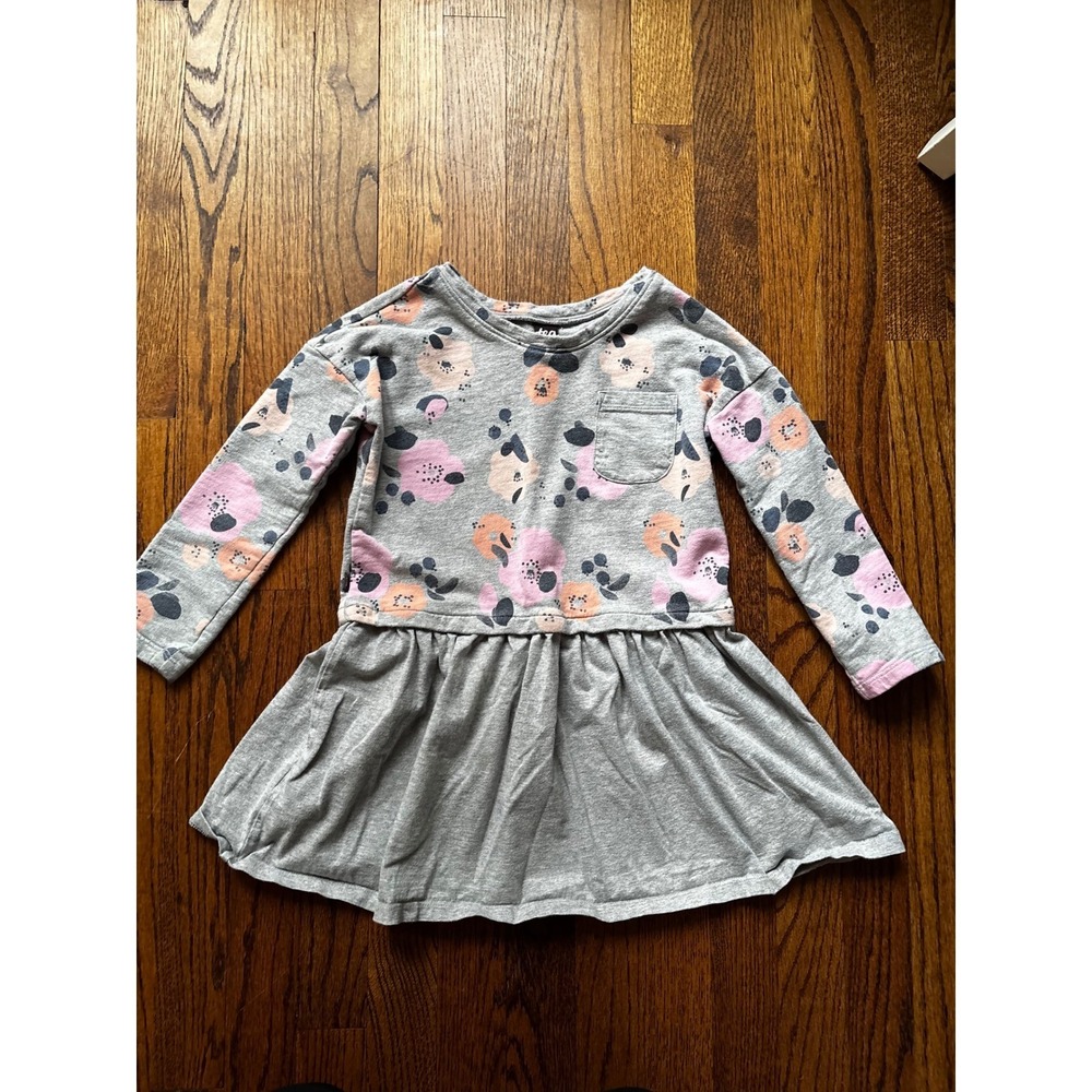 Tea Collection Girls Gray Pink Floral Long Sleeve Cotton Pocket Dress Size 6